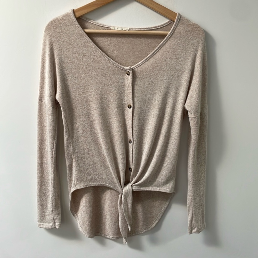 Olivia Rae Button Front cardigan Tie Waist Long Sleeve Boho Blouse oatmeal XS